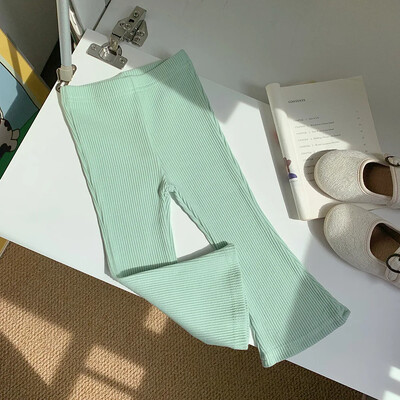 Jarné dievčenské bavlnené rebrované rozšírené nohavice, sladké dievčenské detské vysoké pásové elastické štíhle nohavice, legíny, detské nohavice