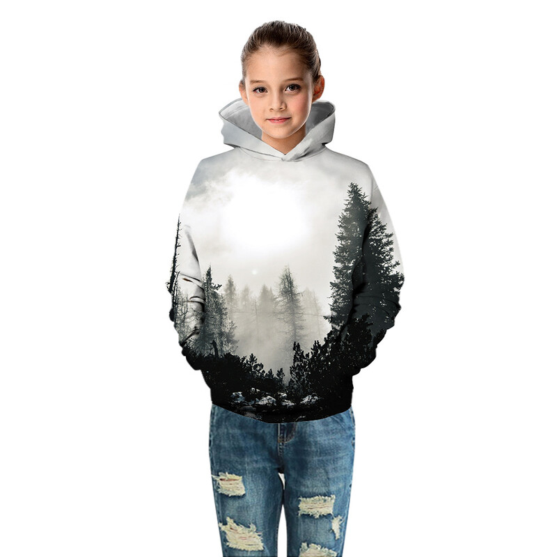 Bērnu sporta kapuciņi Meža 3D drukas bērnu brīvi džemperi Junioru bērnu topi Jauniešu džemperis 4–13 g. zēnu/meiteņu džemperis ar kapuci