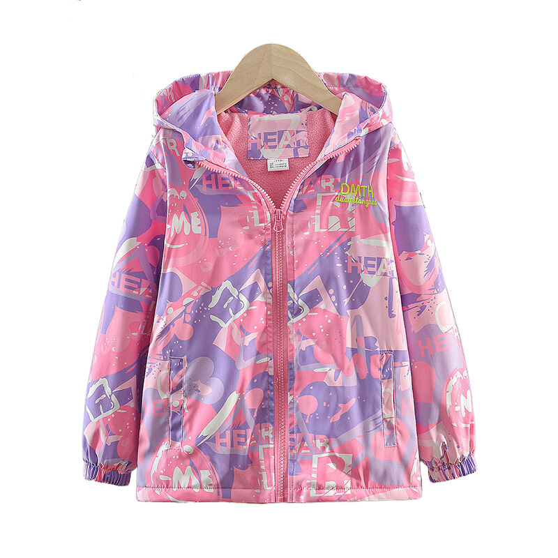Dievčenské nepremokavé fleecové bundy s potlačou a kapucňou na zips, turistické bundy pre školákov, vetrovka, detské tepláky, topy 3-14 rokov