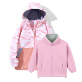 Chlapčenská dievčenská ľahká nepremokavá flísová pláštenka s kapucňou, strečový strih, turistická vetrovka, kabát, kardigan, vrchné oblečenie, 3-v-1 bunda