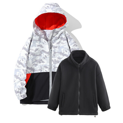 Chlapčenská dievčenská ľahká nepremokavá flísová pláštenka s kapucňou, strečový strih, turistická vetrovka, kabát, kardigan, vrchné oblečenie, 3-v-1 bunda