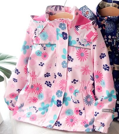 Meiteņu mētelis, bērnu pavasara/rudens vēja necaurlaidīga jaka ar flīsa oderi, vējjaka, rozā ziedu un jūras krāsas dzīvnieks, ūdensizturīgs