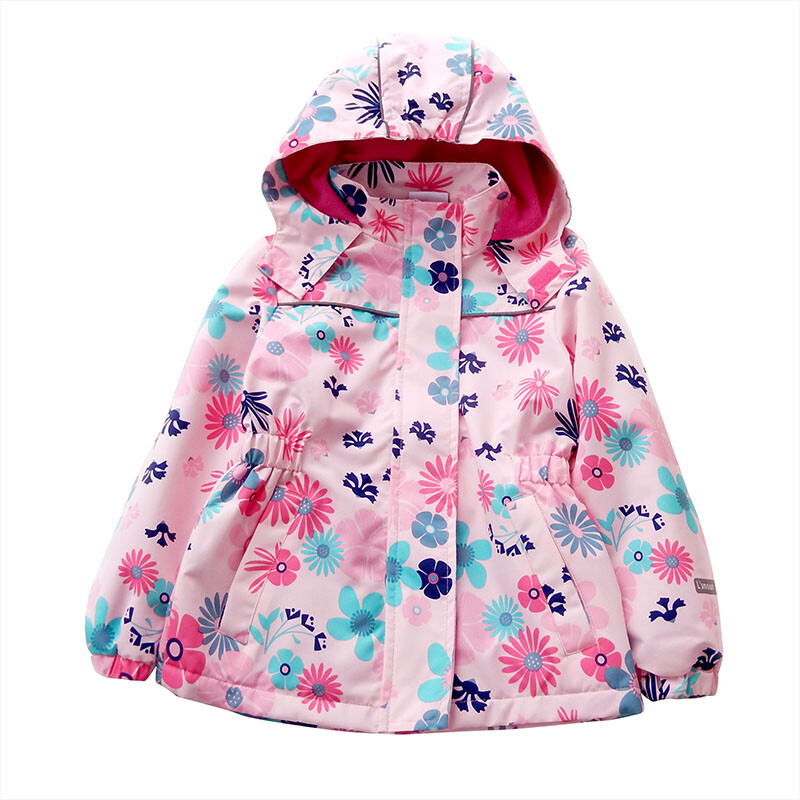 Meiteņu mētelis, bērnu pavasara/rudens vēja necaurlaidīga jaka ar flīsa oderi, vējjaka, rozā ziedu un jūras krāsas dzīvnieks, ūdensizturīgs
