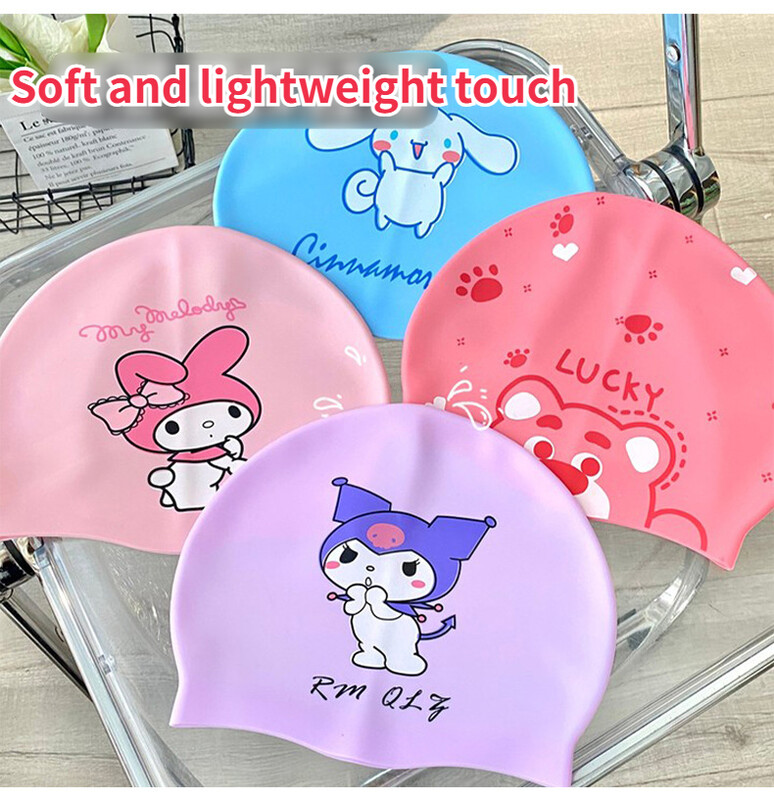 Dievčenská plavecká čiapka Kuromi, detská kreslená silikónová čiapka, vodeodolná a pohodlná profesionálna ochrana sluchu, bezpečná plavecká čiapka