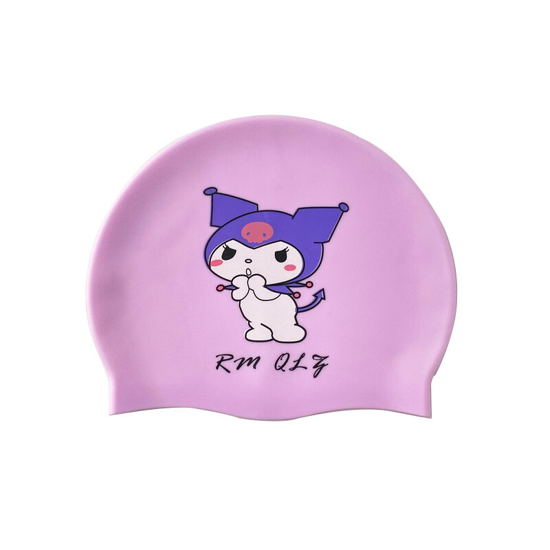 Dievčenská plavecká čiapka Kuromi, detská kreslená silikónová čiapka, vodeodolná a pohodlná profesionálna ochrana sluchu, bezpečná plavecká čiapka
