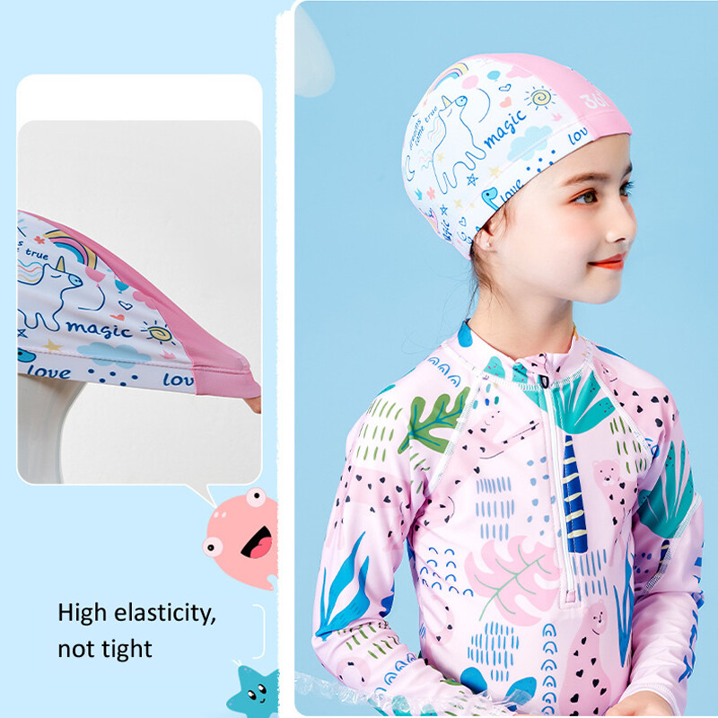 Značková detská plavecká čiapka s kreslenou potlačou, pohodlná látková detská plávajúca elastická strečová chlapčenská dievčenská bazénová čiapka, priedušná