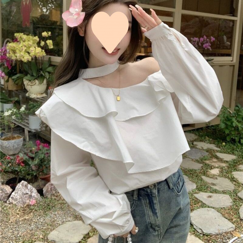 Krekls uz pleciem Sieviešu krekls, 2024. gada pavasara rudens, jauns franču dizains ar garām piedurknēm, elegants sieviešu krekls