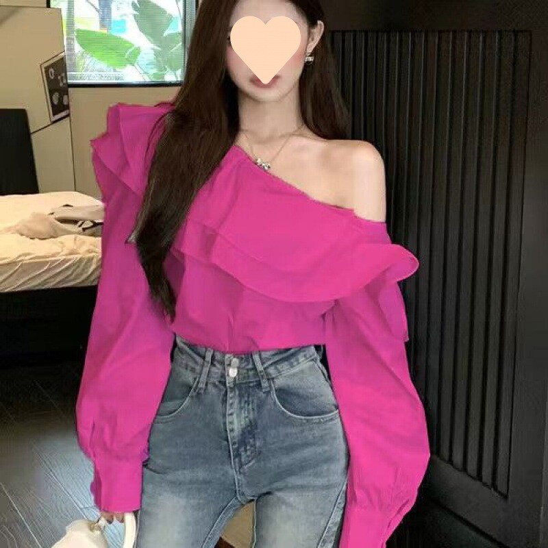 Krekls uz pleciem Sieviešu krekls, 2024. gada pavasara rudens, jauns franču dizains ar garām piedurknēm, elegants sieviešu krekls