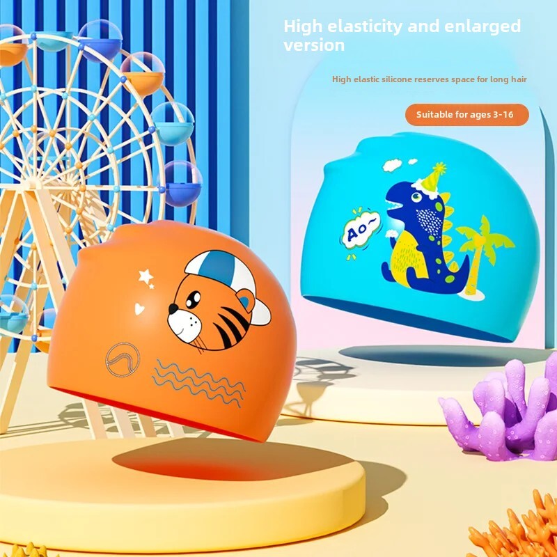 Cască de înot pentru copii din silicon, impermeabilă, cu desene animate, drăguț, confortabilă, nestrânsă, protecție pentru urechi, șapcă de înot, băieți, fete