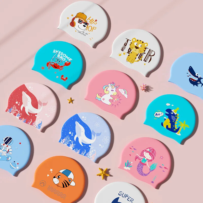 Cască de înot pentru copii din silicon, impermeabilă, cu desene animate, drăguț, confortabilă, nestrânsă, protecție pentru urechi, șapcă de înot, băieți, fete