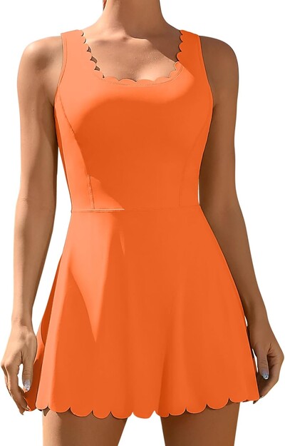 Rochie de tenis Anfilia pentru femei, decolteu festonat, căptușită detașabilă, design cu spate în V, pantaloni scurți separati cu două buzunare laterale Rochie de golf