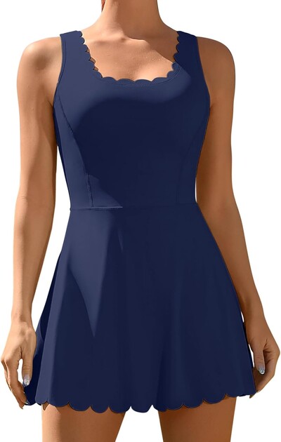 Rochie de tenis Anfilia pentru femei, decolteu festonat, căptușită detașabilă, design cu spate în V, pantaloni scurți separati cu două buzunare laterale Rochie de golf