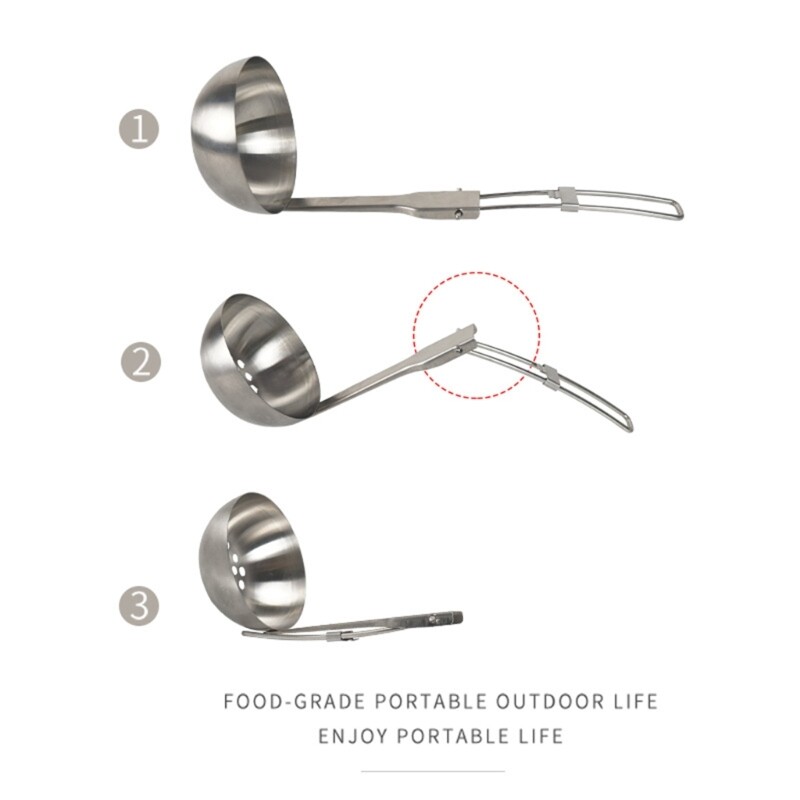 25UC (304) rozsdamentes acél leveses kanál/réses kanál összecsukható nyéllel Hordozható könnyű kempingkanál túrázáshoz