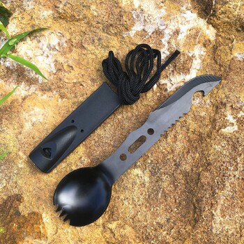 Πολυλειτουργικό Camping Spork από ανοξείδωτο ατσάλι Λειτουργικό πιρούνι για κουτάλι Camping Flatware Spork με Εργαλείο κυνηγιού ανοιχτήρι μπουκαλιών