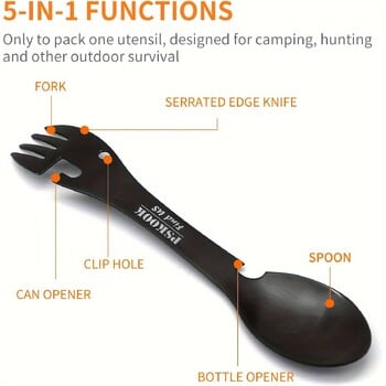 PSKOOK Outdoor Survival Tools 5 σε 1 Camping Multi-functional EDC Kit Practical Fork Knife Μπουκάλι/Ανοιχτήρι κουταλιού