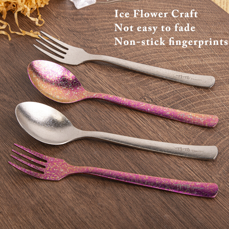 TiTo titanijska žličasta vilica duginih boja Kvadratna ručka za kampiranje na otvorenom, kućno posuđe Ekološki prihvatljiva žličasta vilica od čistog titana