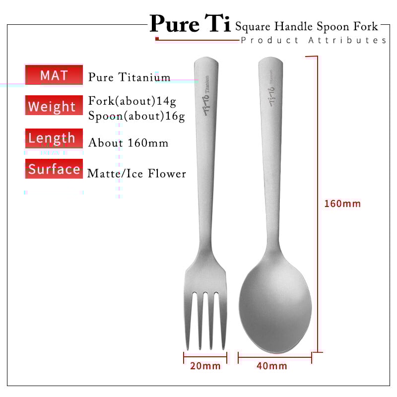 TiTo titanijska žličasta vilica duginih boja Kvadratna ručka za kampiranje na otvorenom, kućno posuđe Ekološki prihvatljiva žličasta vilica od čistog titana