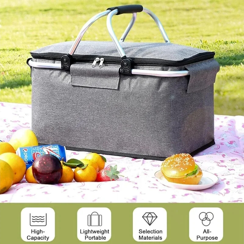 Velika košara za piknik Kupnja Putovanje Kampiranje Torbe za namirnice 2 sloja unutarnjih džepova Nepropusna i izolirana sklopiva košara