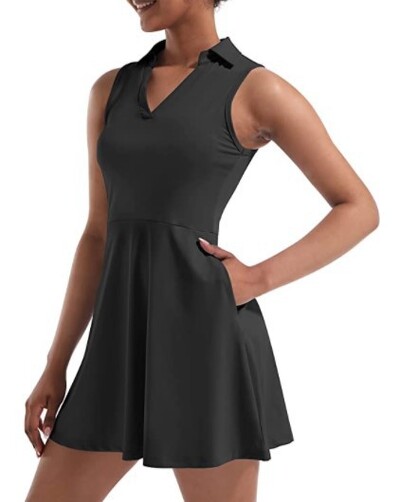 Sean Tsing® teniso suknelė moterims su įmontuotais šortais ir 4 kišenėmis be rankovių sportinė „Wotkout“ sportinė golfo „pickleball“ suknelė