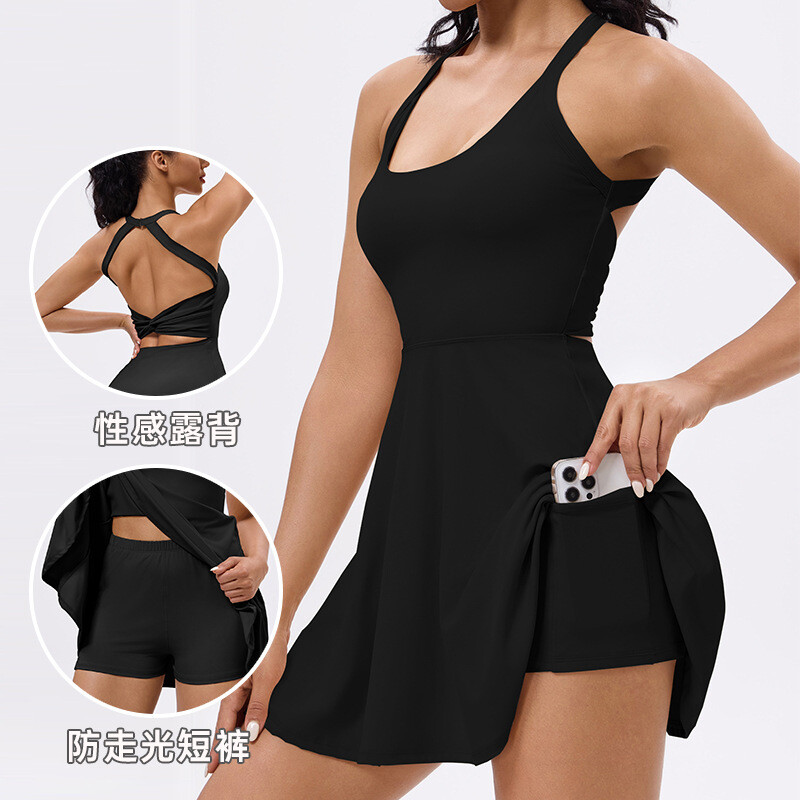 Dámske športové tenisové golfové šaty s všitými šortkami a podprsenkou, priedušné, nenáročné na behanie a cvičenie, športové šaty s otvoreným chrbtom