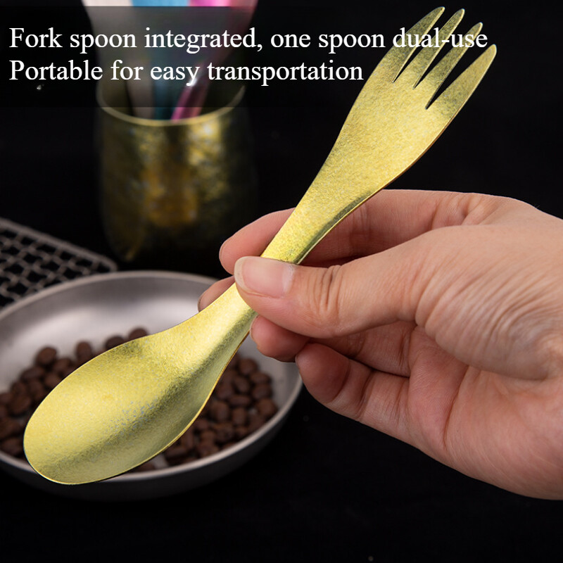 1kom žlica s viljuškom od čistog titana, ultra lagana, prijenosna posuđa za piknik i kampiranje na otvorenom, višenamenska žlica od čistog titana za dvostruku upotrebu