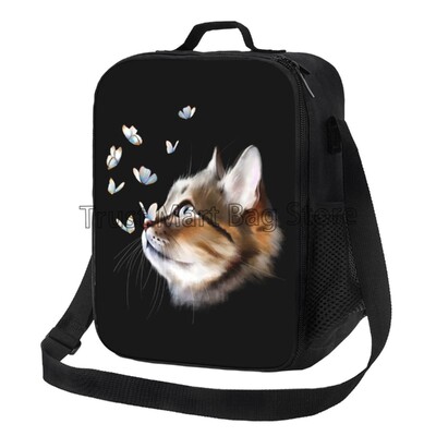 Portretna mačka s leptirima, izolirana torba za ručak za školski posao, piknik na plaži, termalna torba za višekratnu upotrebu s remenom za nošenje na ramenu