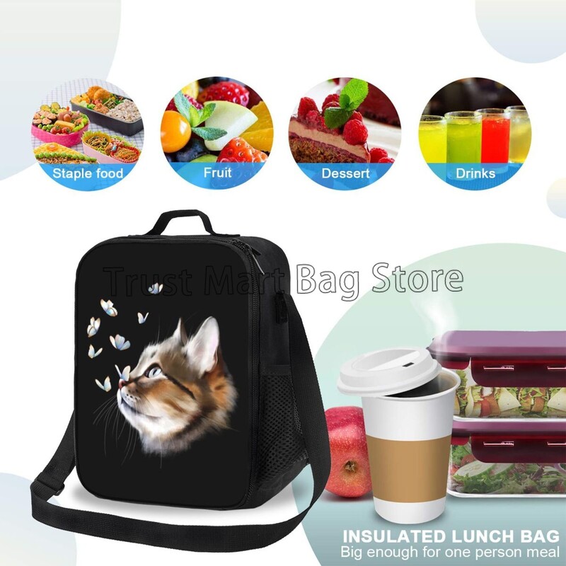Portretna mačka s leptirima, izolirana torba za ručak za školski posao, piknik na plaži, termalna torba za višekratnu upotrebu s remenom za nošenje na ramenu