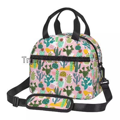 Geantă termică de prânz, cu cureaua reglabilă, termoizolată, verde cactus, înflorită, pentru muncă, picnic, călătorie, plajă