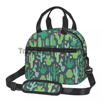 Geantă termică de prânz, cu cureaua reglabilă, termoizolată, verde cactus, înflorită, pentru muncă, picnic, călătorie, plajă
