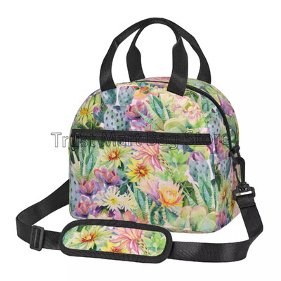 Geantă termică de prânz, cu cureaua reglabilă, termoizolată, verde cactus, înflorită, pentru muncă, picnic, călătorie, plajă