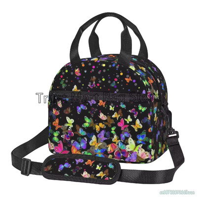 Izolirana torba za ručak s šarenim leptirima Bento torba za višekratnu upotrebu Termalna kutija za ručak s remenom za nošenje na ramenu za žene Školski piknik