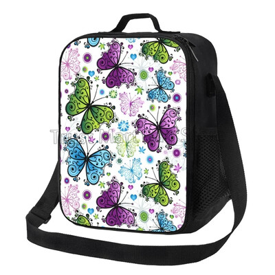 Farebné motýle obedové tašky pre ženy, opakovane použiteľné Oxfordské vodotesné termálne chladiace Bento boxy pre kancelárske práce, školský piknik