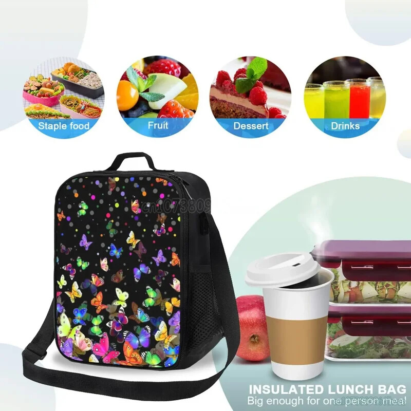 Farebné motýle obedové tašky pre ženy, opakovane použiteľné Oxfordské vodotesné termálne chladiace Bento boxy pre kancelárske práce, školský piknik