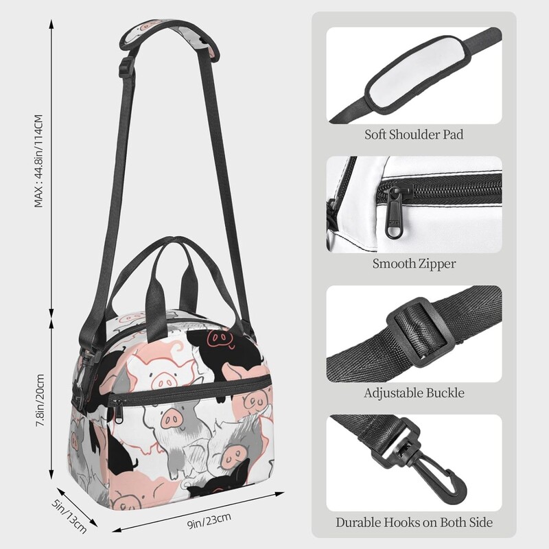 Ručne kreslená obedová taška s roztomilými prasiatkami a graffiti s nastaviteľným ramenným popruhom pre ženy a mužov, opakovane použiteľná chladiaca taška na obed