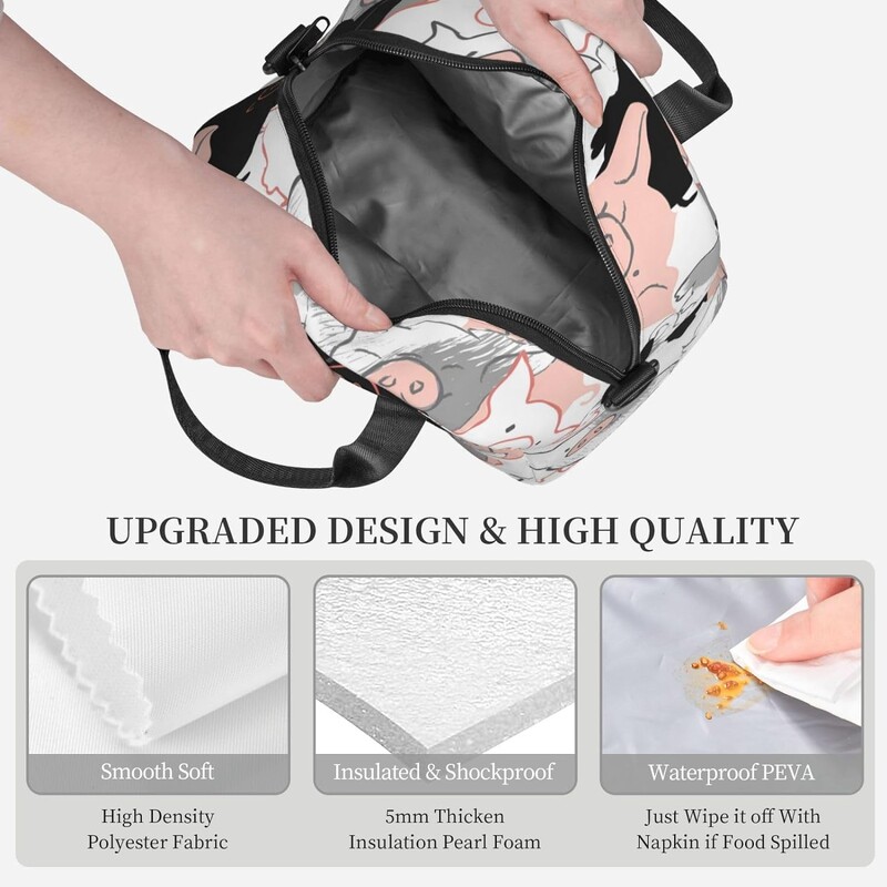 Ručne kreslená obedová taška s roztomilými prasiatkami a graffiti s nastaviteľným ramenným popruhom pre ženy a mužov, opakovane použiteľná chladiaca taška na obed