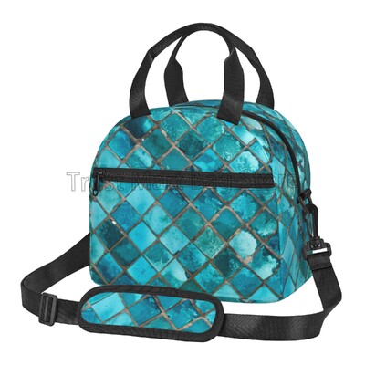 Apstraktna tirkizno plava tirkizno plava izolirana kutija za ručak, višekratna prijenosna toplinska rashladna torba Bento tote s podesivim remenom za nošenje