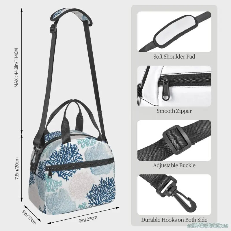 Letná pobrežná koralová vetva tepelne izolovaná obedárová krabička do práce, školy, pikniku, plážových tašiek na jedlo, dámska opakovane použiteľná chladiaca taška Bento