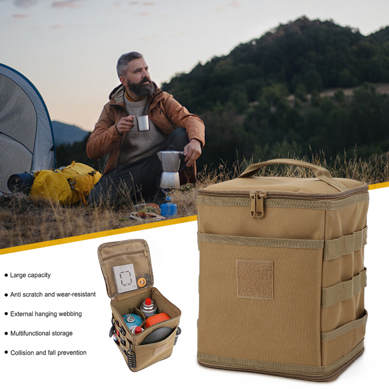 Didelės talpos stovyklavietės stovyklavietės laikymo krepšys, lauko maisto maišelis, dujų bakas, stalo indų dėžutė su tinkleliu viršuje