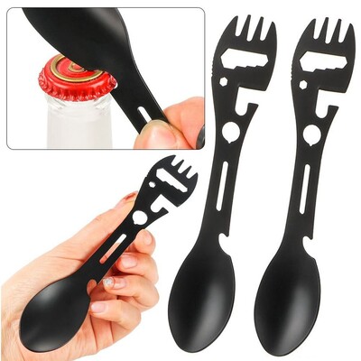 10 v 1 Vonkajší Spork Vidlička Lyžica Multifunkčný Kľúč Otvárač na Fľaše Konzervy Nerezová Oceľ Prenosný Kempovací Nástroj na Prežitie