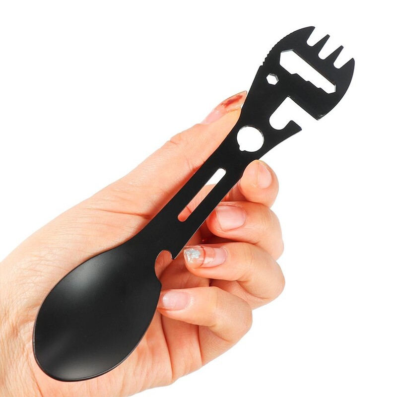 10 în 1 în aer liber Spork furculiță lingură cheie multifuncțională Deschizător de conserve de sticle instrument portabil de supraviețuire pentru camping din oțel inoxidabil