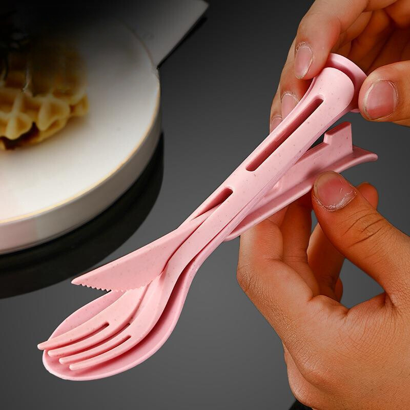 3 u 1 prijenosni set posuđa Posuđe od pšenične slame Odvojivi pribor za jelo Set posuđa za piknik Set pribora za jelo za kampiranje