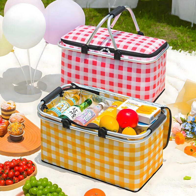 Geantă frigorifică din folie impermeabilă, coș de picnic, cutie frigorifică, geantă izolată termic, cadru pliabil din aluminiu, pungă pentru depozitare fructe