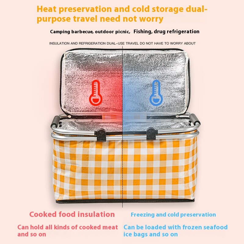Geantă frigorifică din folie impermeabilă, coș de picnic, cutie frigorifică, geantă izolată termic, cadru pliabil din aluminiu, pungă pentru depozitare fructe