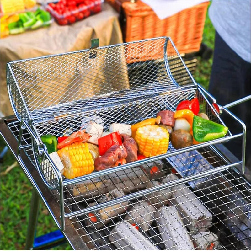Grilovací kôš s okrúhlym grilovacím košom, vonkajší gril, údená klietka, prenosný gril s pletivou, rotujúci bubon