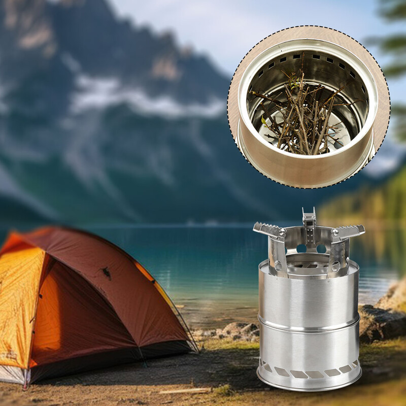 Pārnēsājama kempinga plīts āra nerūsējošā tērauda malkas krāsns ventilācijas saliekamā mini plīts piknika grilēšanai ceļojumu rīks