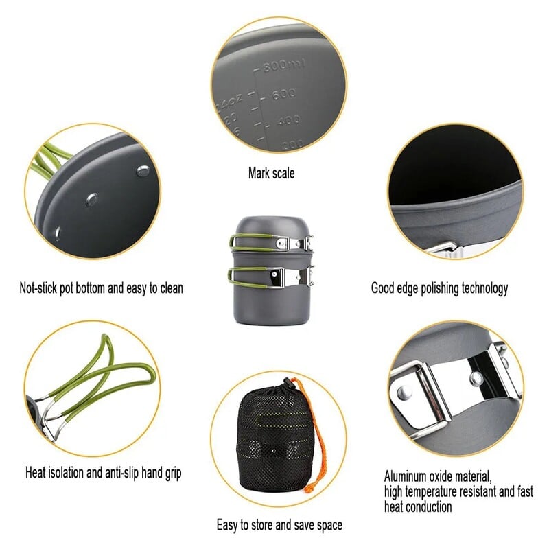 Kempinga trauku komplekts Īpaši viegls kempinga katlu komplekts āra ēdiena gatavošanas trauki pārgājieniem, pārgājieniem, piknikam, makšķerēšanai, alpīnismam