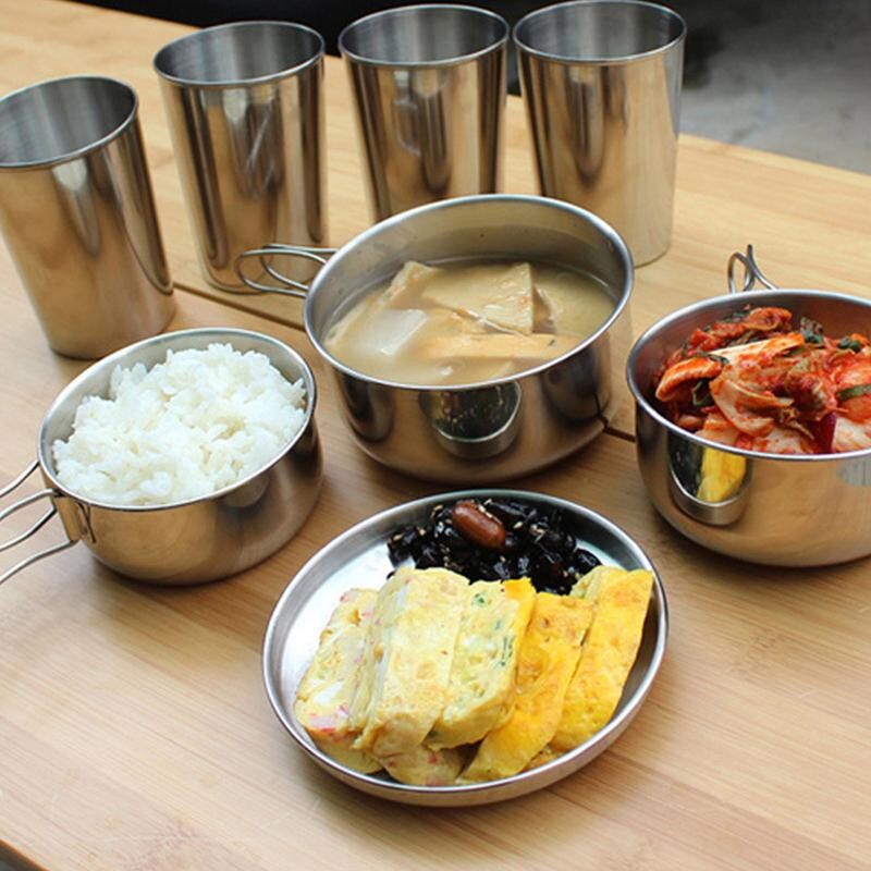 Posuđe za kampiranje od nehrđajućeg čelika Set za kuhanje na otvorenom Putno posuđe Lonac Tava Zdjela Komplet šalica Mini posuđe za kampiranje Planinarenje