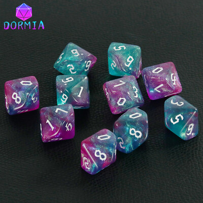 D10 RPG hry s kockami, DND D10 kocky (0-9), zmiešané farby, trblietavý efekt, jedinečný retro štýl písma pre príslušenstvo doskových hier RPG.
