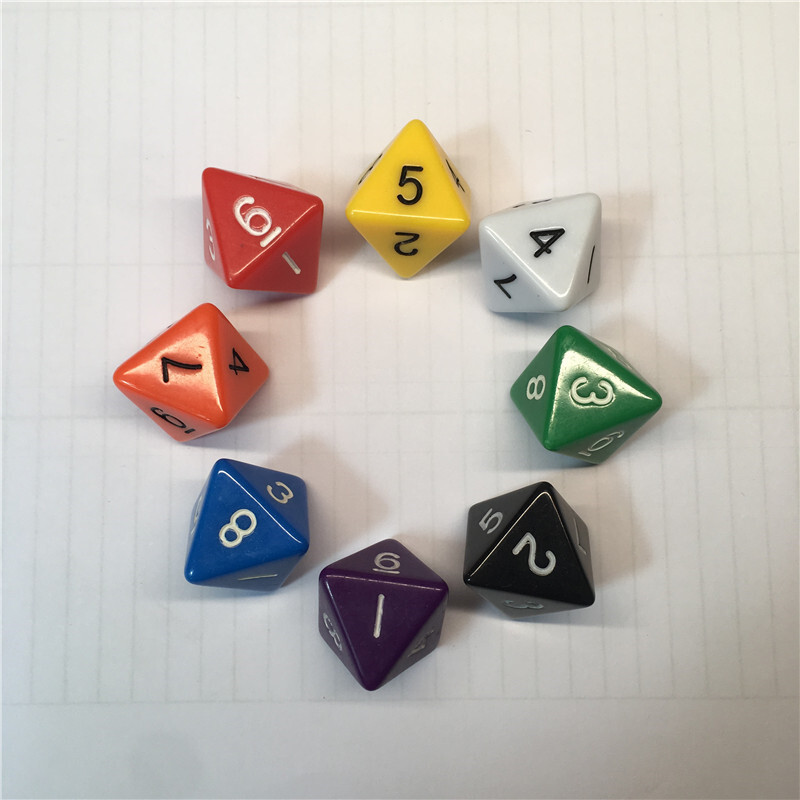 8 kusov 8-stranných D8 digitálnych kociek, 8 strán s číslom 1 2 3 4 5 6 7 8 pre zábavné RPG stolové hazardné hry, kocky