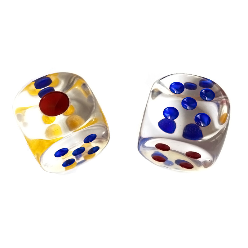 2 ks/balenie priehľadných akrylových kociek 34 mm viacfarebné #34 bodové okrúhle rohy vysoko kvalitné butikové lietajúce šachové kocky